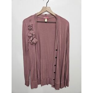 DownEast Basics Womens Mauve Rose Ruffle Bead Cardigan Sweater Size M
